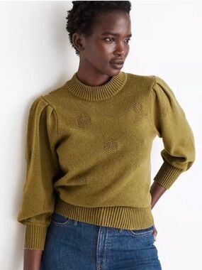 Madewell Olive Green Dot-Texture Puff Sleeve Sweater
